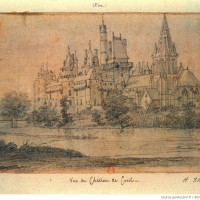 L'église et le château au 18ème siècle, vus du sud-est (Gallica - Collection Destailleur)