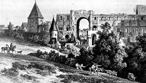 Les ruines de l'abbaye de Saint-Lucien au début du 19ème siècle (Lithographie de Deroy d'après un dessin d'A. Van den Bergue)