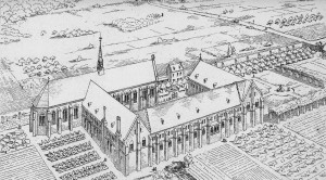 Vue cavalière de l'abbaye telle qu'elle se présentait au 14ème siècle (hors-texte de l'article de Léon FAUTRAT, « L’Abbaye du Moncel », Comité archéologique de Senlis, Comptes-rendus et Mémoires, 1891).