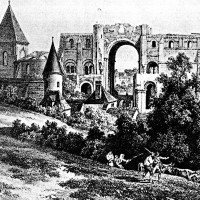 Les ruines de l'abbaye de Saint-Lucien au début du 19ème siècle (Lithographie de Deroy d'après un dessin d'A. Van den Bergue)