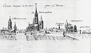 Vue de Senlis au 18ème siècle depuis le nord-est. Saint-Rieul est à droite.